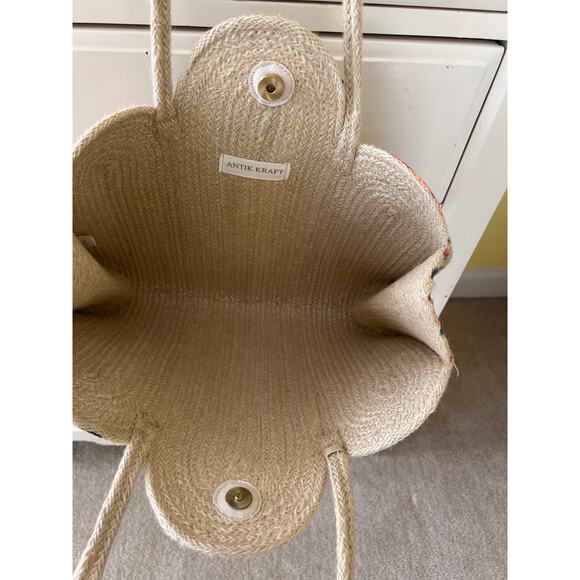 Antik Kraft Tan Floral Purse Shoulder Bag Tote 100% Jute Bohemian Indie Cottage - Picture 4 of 9